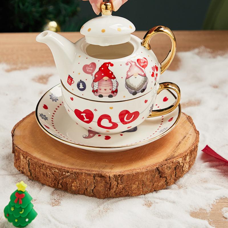 Christmas Ceramic Gold-plated Teapot Cup and Saucer Set Nordic Style Gold Plating Mug Handle Gift Box Teaware Sets Xmas Gifts