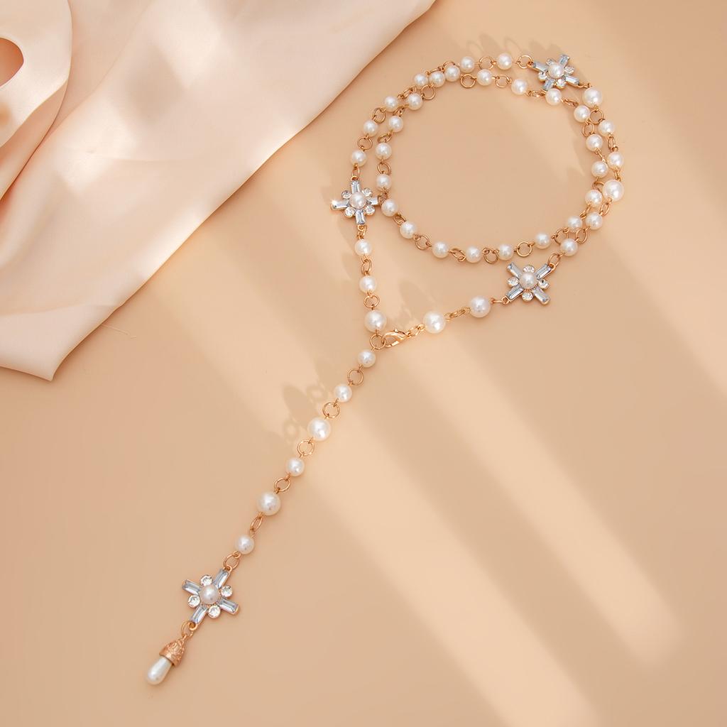 Ingemark Punk Vintage Inlaid Rhinestone Jeus Cross Pendant Choker Necklace Set Men Hip Hop Imitation Pearl Chain Grunge Jewelry