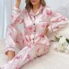 Women's Sleepwear Satin Flamingo Print Pajama Set Long Sleeve Button Up Lapel Collar Top with Pants Loungewear Lounge 2 Piece