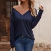 Women's Autumn/Winter Solid Color V-neck Loose Long Sleeved T-shirt Button Top