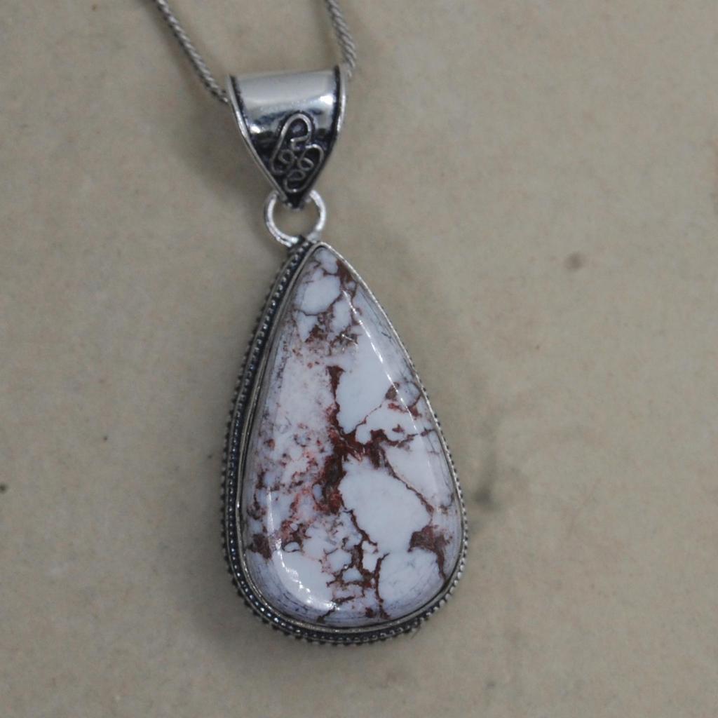 Pear Cab White Brown Wild Horse Magnesite Jasper 925 Sterling Silver Pendant Jewelry, Boho Style Designer Pendant Jewelry