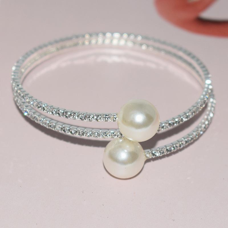 Gold-Plated Silver Women's Necklace & Bracelet Set with Pearls and Rhinestones