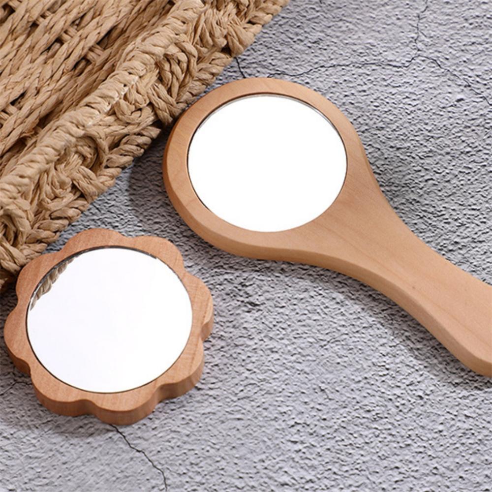 Wooden Hand Mirror Vintage Portable Round Cosmetic Mirror Compact Makeup Vanity Hand Held Mirror Women Travel Mirrors