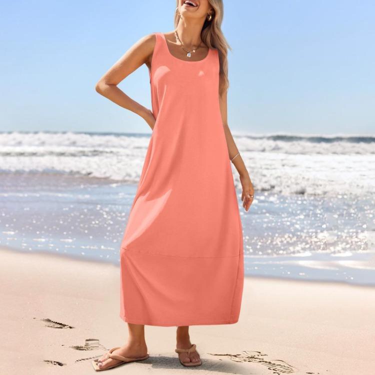 Summer Women's Casual Loose Sleeveless Round Neck Sundress Long Beach Dress