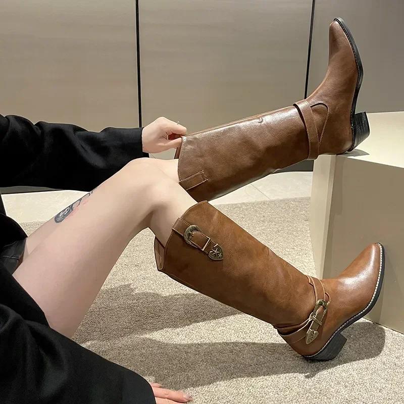 Винтажные кожаные ботинки женские с пряжкой на ремне, остроконечные на платформе, ковбойские сапоги в стиле вестерн, повседневные ботинки с глубоким V-образным вырезом и высокой посадкой