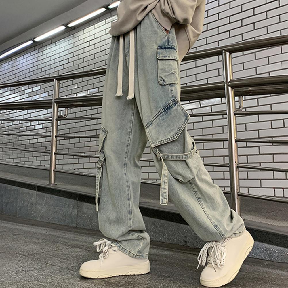 Мужские брюки-карго в уличном стиле, прямые, широкие, длинные брюки, эластичный пояс, завязка на шнурок, большие карманы, джинсовые брюки
