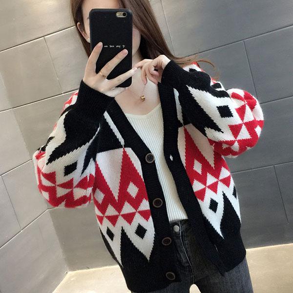 Vintage Spring Autumn Women's Color Block Checked Cardigan Sweater Loose  Short Knit  Jacket Coat