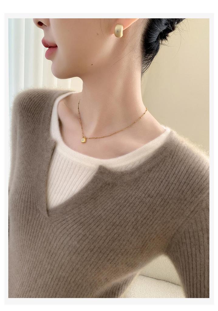 Double-Layer Striped Cashmere Knit Sweater with Mixed Neckline for Ladies