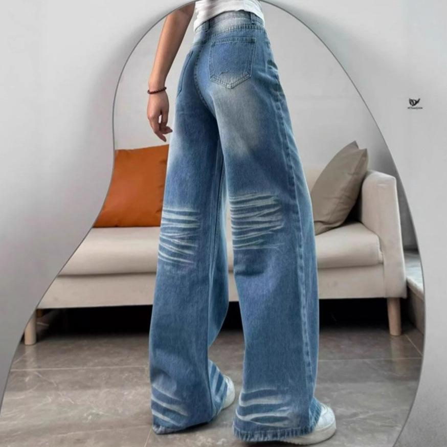 Comfortable Loose Crease Wide Leg Jeans Women Autumn Washed Blue Design Sense Skinny Drape Dragging Long Trousers Jeans for Women Long Denim Pants