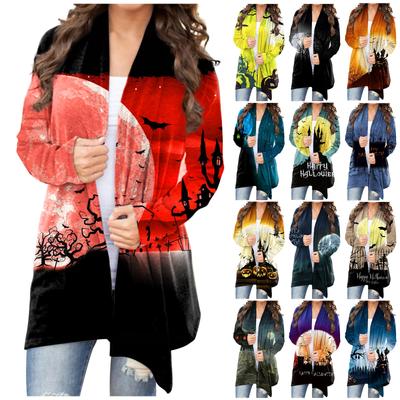 Женский кардиган, свободное повседневное верхнее пальто с карманами и длинными рукавами с принтом Хэллоуина