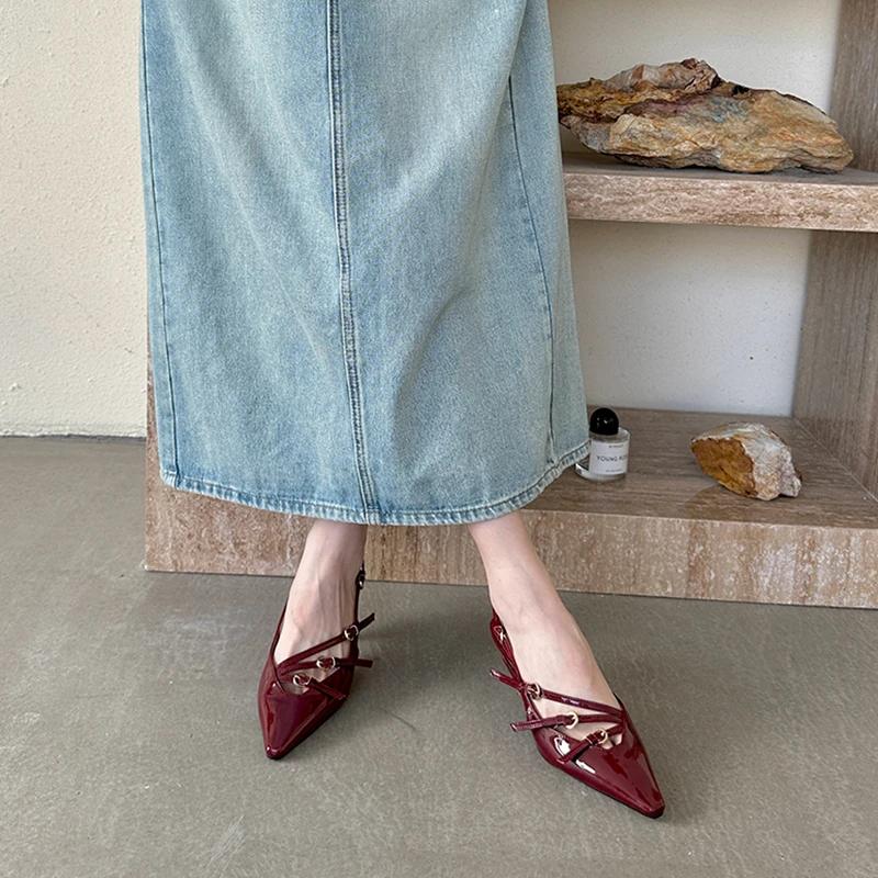 Модные туфли с пряжкой и узким ремешком на плоской подошве, женские, 2024, новые летние сандалии для платья, женские туфли-лодочки с острым носком и тонким каблуком