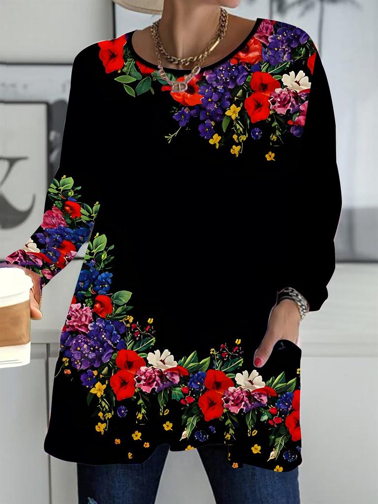 2025 Осень Зима Новые Женские Топы Большого Размера, Винтажный Узор 3D Принт Модные Футболки с Круглым Вырезом и Длинным Рукавом