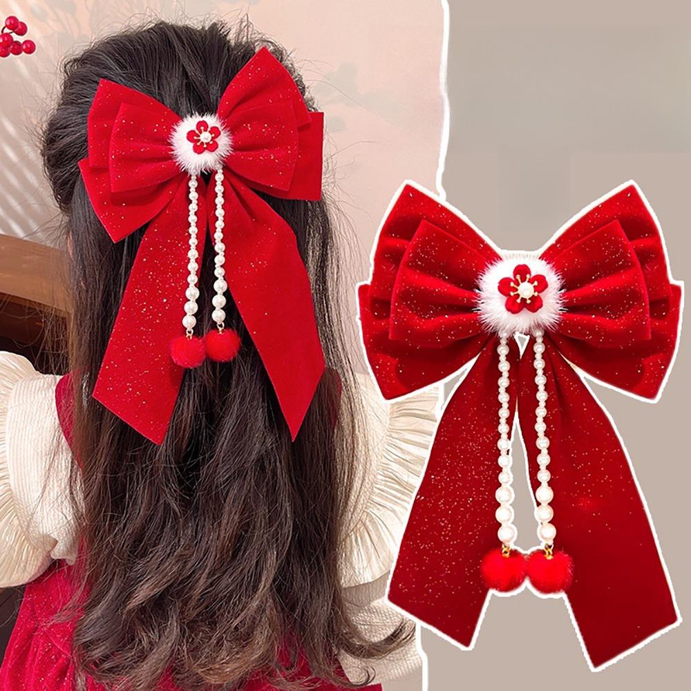 Headwear Red Bow Hair Clips Jewelry Tassels Pearl Barrettes Ribbon Hairpin Hair Styling Accessory