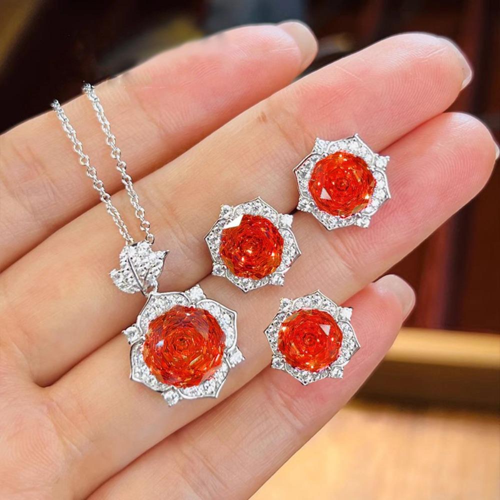 Octagonal Rose Cut Pink Diamond Floral Necklace Pendant High Carbon Diamond Earrings Rose Gold Ring Women Jewelry Set