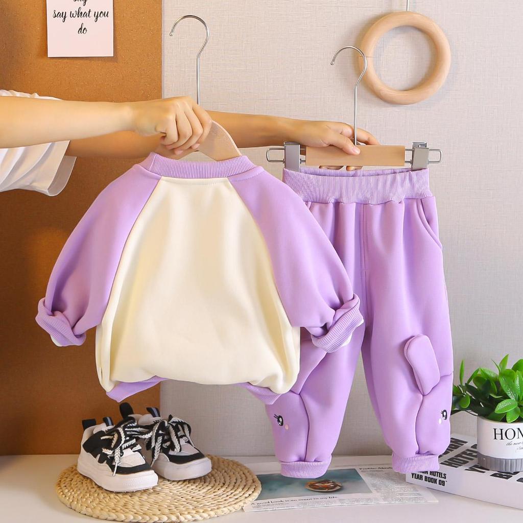 Комплект из 2 предметов с длинным рукавом для девочек 0-5 лет, Милое флисовое худи с карманом для девочек, повседневные брюки, Детская одежда высокого качества