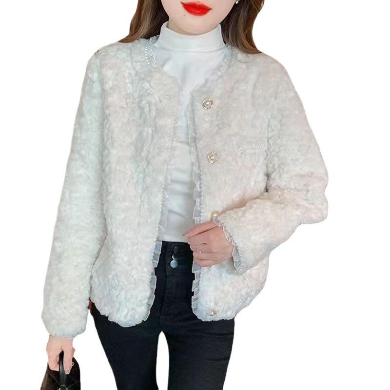 Искусственная овечья шерсть, небольшое ароматное пальто, женское, осенне-зимнее, утолщенное, новое, корейское, кружевное, с отделкой из бисера