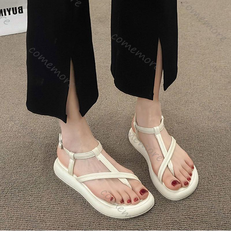 Модные женские сандалии Comemore на плоской подошве с перемычкой между пальцами, повседневные летние, новая мода, с перекрестными ремешками, на мягкой подошве, пляжная обувь, однотонные римские сандалии