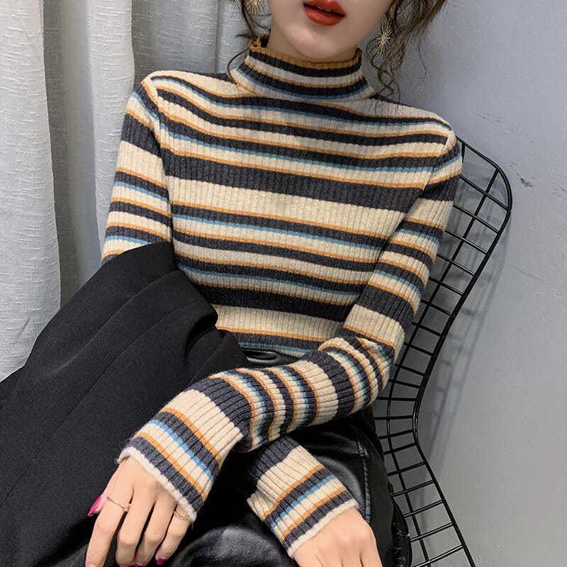 Осенне-зимний корейский свитер с высоким воротником и полосатым узором в цветных блоках, облегающий свитер-пуловер, женский базовый свитер
