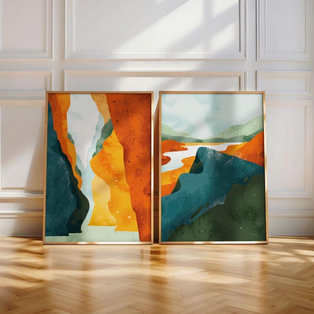 2pcs Frameless Abstract Landscape Print,Colored Canyon and Mountain Wall Art,Orange Blue-green Nature Posters,Bedroom Wall Decor