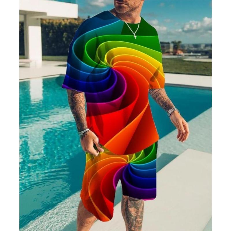 2025 New Men's Round Neck T-shirt Set Printing Optical Illusion Pattern T-shirt Two Piece Set Fashion Men's Summer T-shirt Set