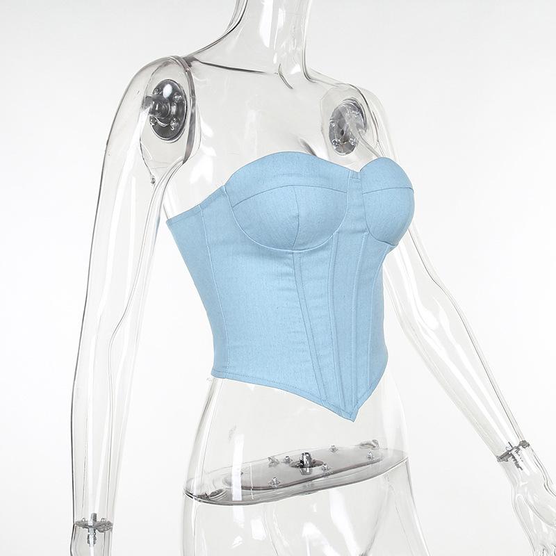 Женский модный топ с чашками из искусственного денима, топ Spice Girl с поясом на талии, топ с бюстом