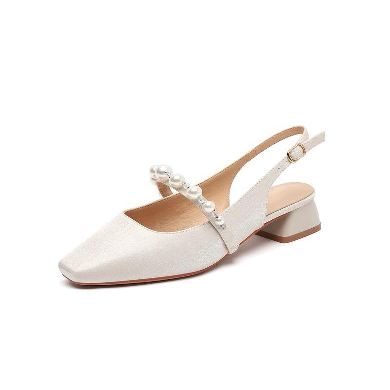 With skirt fashion bag head sandals women's 2025 new French pearl thick heel single shoes back empty evening wind lady shoes