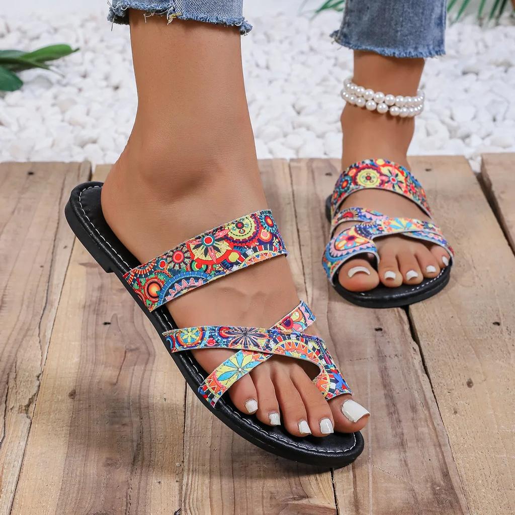 2024 Hot Selling Fashion Printed Versatile Women's Slippers Open Toe Thin Strap Combination Summer Beach Flip-Toe Women's Shoes