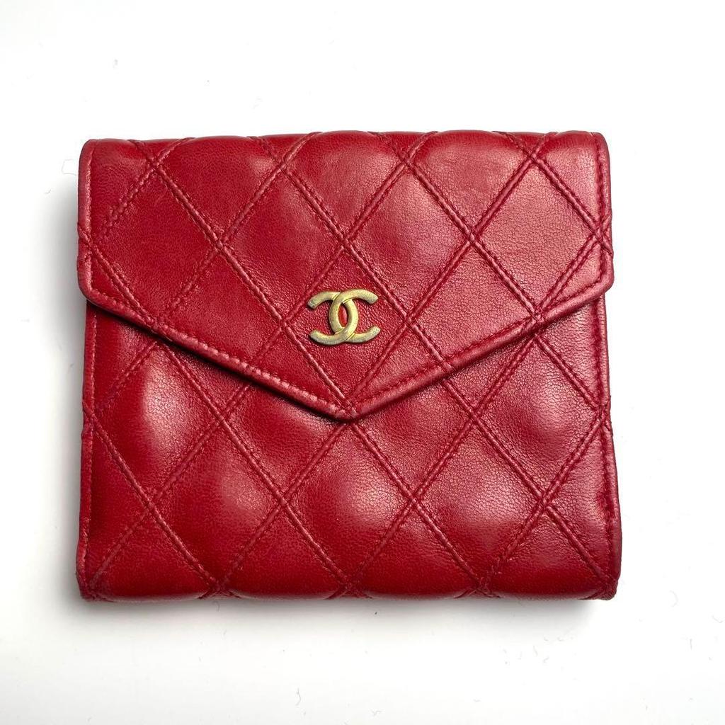 Used CHANEL Matelasse Bi-fold Wallet Red with Box and Dust Bag