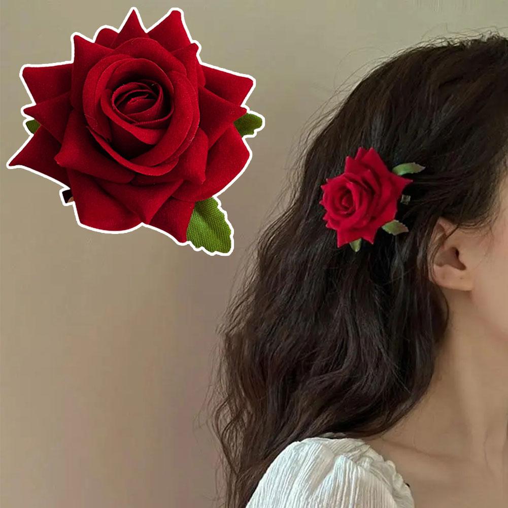 1pcs Retro Red Pink Rose Flower Hairpi Duckbill Clip Flower Brooch Women Hair Accessories Fashion Hair Clips Photo Props