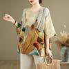 Summer Hemp Cotton Blouse Ethnic Style Bat Sleeve Loose Oversized Round Neck T-shirt Casual Comfortable for Women