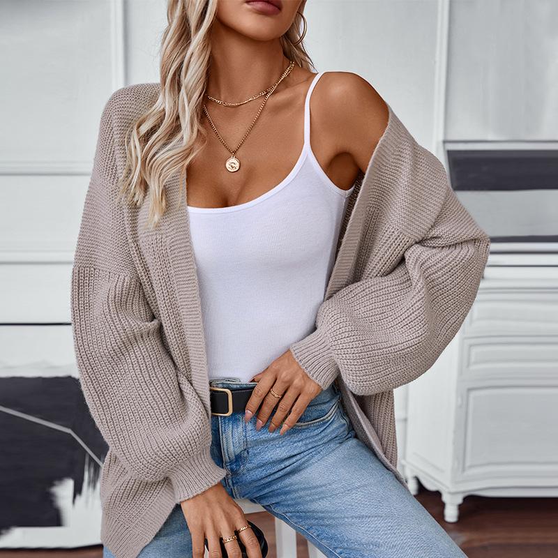 Autumn Winter Vintage Loose Long Sleeve Top Solid Color Cardigan Knitwear V-Neck Sweater