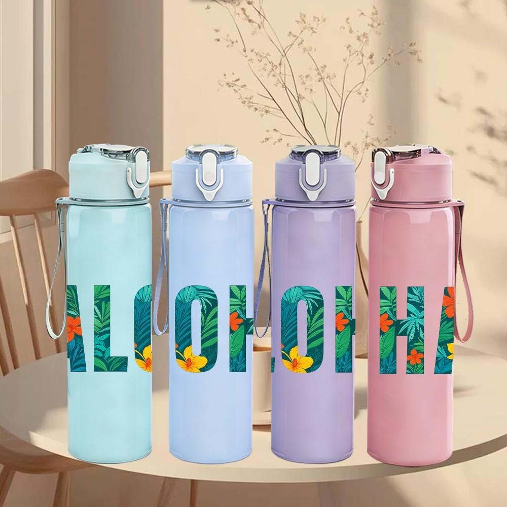 1PC Colorful ALOHA Letter Art 750ml Color Plastic Sports Water Bottle Leakproof Flip Straw Lid Suitable for Sports Office Home Use