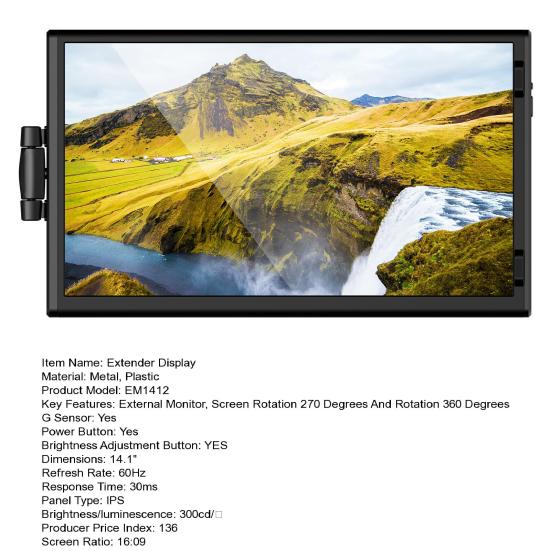 14,1-дюймовый портативный дисплей-расширитель FHD IPS HDMI-совместимый Type-C 3.1 регулируемый экран монитора для расширения компьютера, ноутбука, телефона