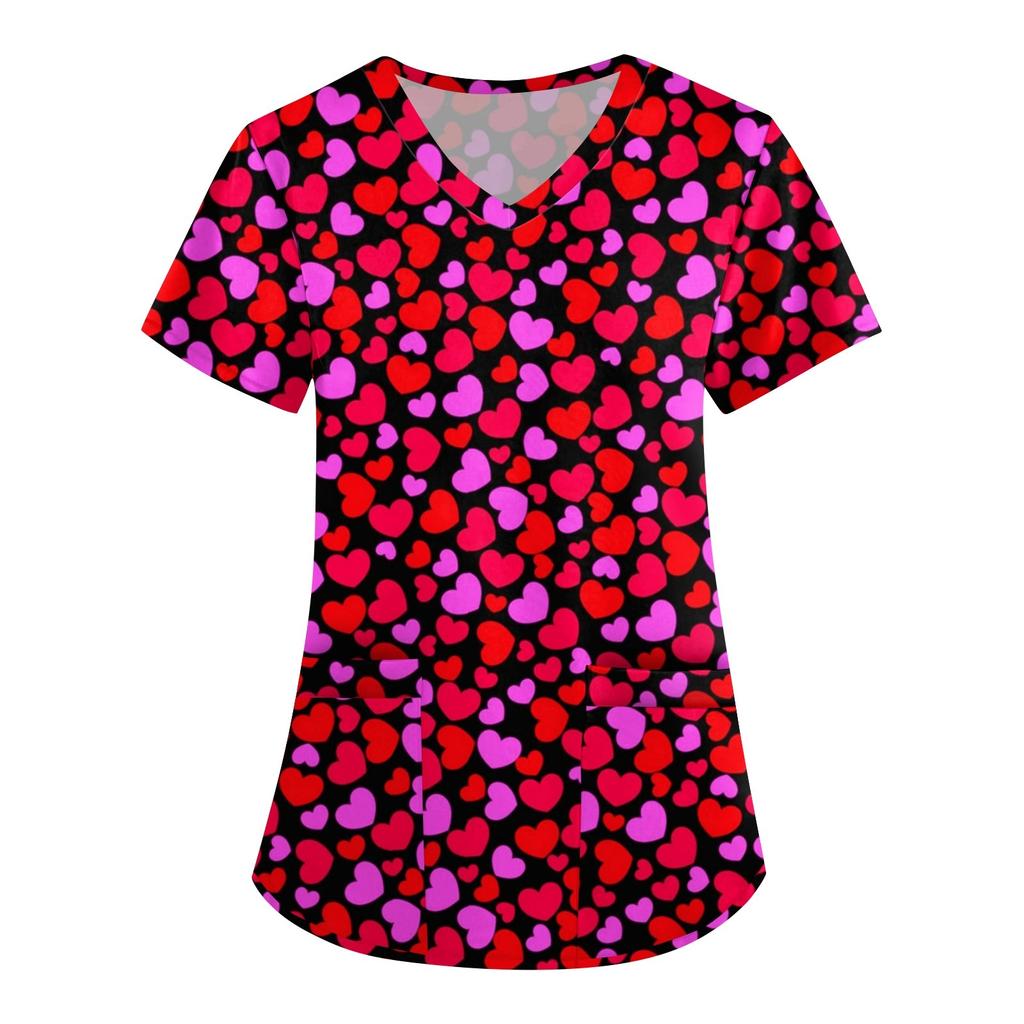 Женская симпатичная принтованная рабочая одежда с V-образным вырезом, двухслойными карманами, базовым коротким рукавом, пуловером ко Дню святого Валентина