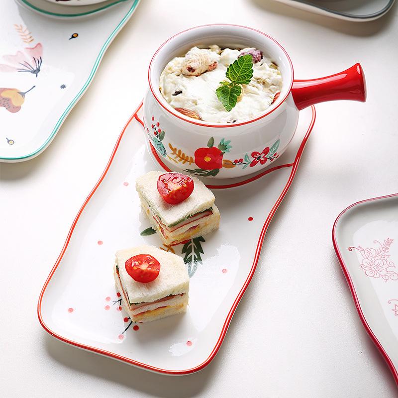 Керамическая салатница с цветочным узором, прямоугольная тарелка, миска для выпечки пасты, столовые приборы для завтрака (1 миска с ручкой + 1 обеденная тарелка)