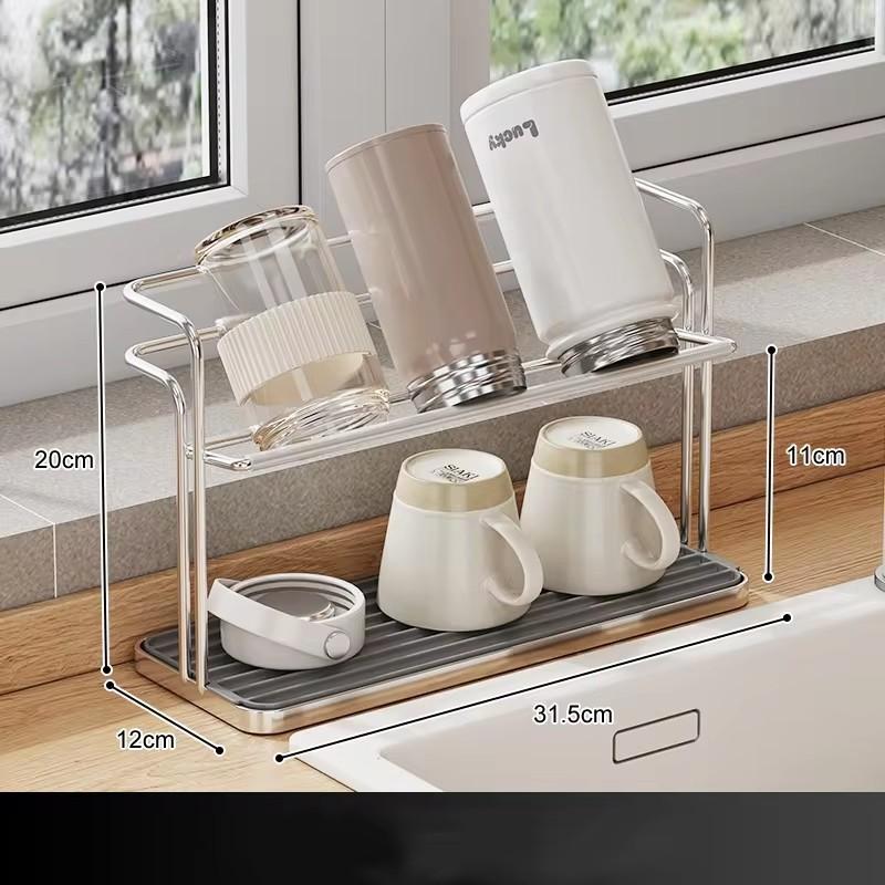Double-layer Bottle Cup Holder Water Cup Hanging Drying Rack Upside Down Teacup Storage Rack With Tray Kitchen Organizer
