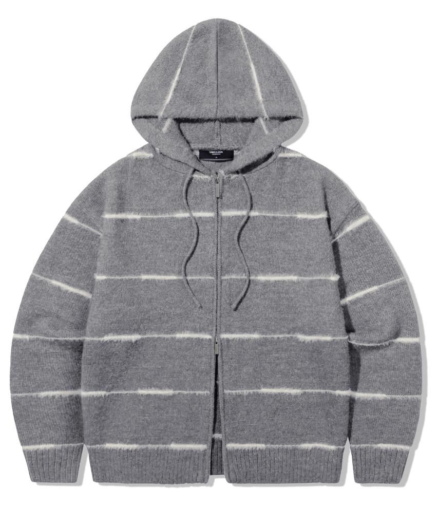 TRILLION Washable Wool Hairy Stripe Hooded Zip-Up Knit_Melange Gray