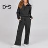 2 Pcs/Set Fall Winter Coat Trouser Suit Lapel Solid Color Thick Loose Solid Color Zipper Decor Long Sleeve Wide Leg Drawstring Elastic Waist Lady
