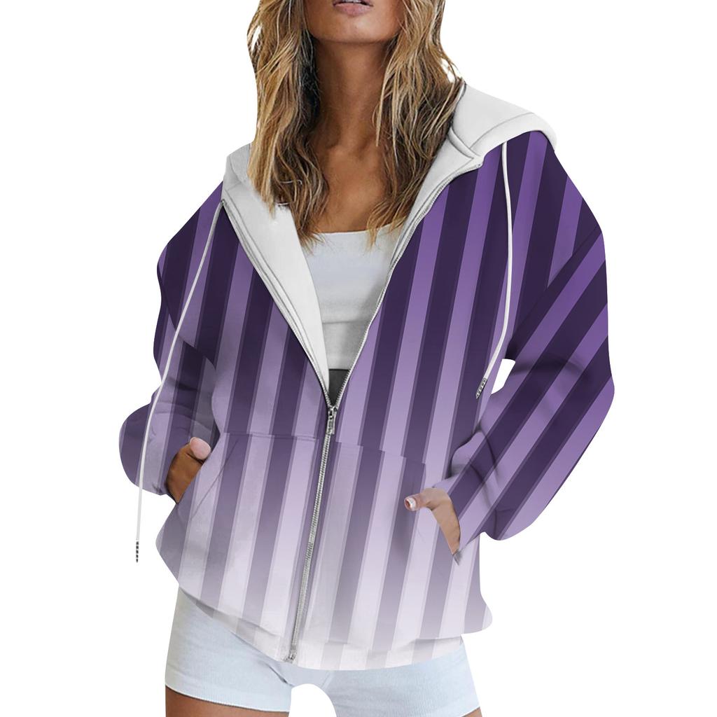 Women's Long Sleeve Print Sweatshirt Long Sleeve Pocket Jacket Zipper Hoodie Coat