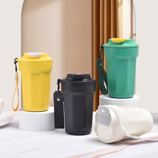 Кофейная чашка из нержавеющей стали с вакуумной изоляцией, гладкий край с веревкой для переноски, изоляционная кружка для офисного стола