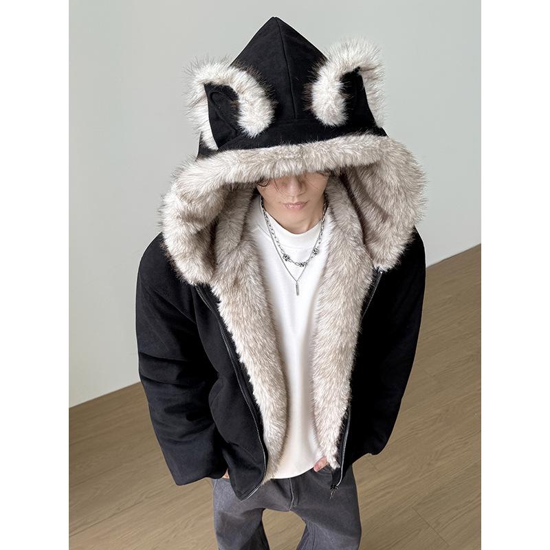 Куртка American Eagle с меховым воротником из замши и кошачьими ушками - Осенне-зимняя укороченная верхняя одежда с плюшем