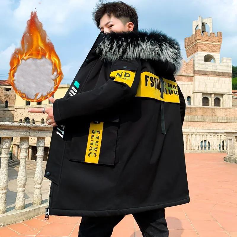 Пуховик с большим меховым воротником, мужская зимняя утолщенная хлопковая куртка, верхняя одежда средней длины с капюшоном, повседневная куртка, теплые пуховые пальто на дикой молнии