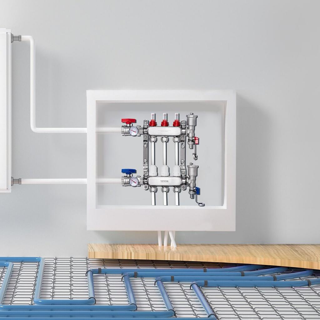 3-Branch Radiant Heat Manifold 1/2" PEX Tubing Floor Heating Manifold Set