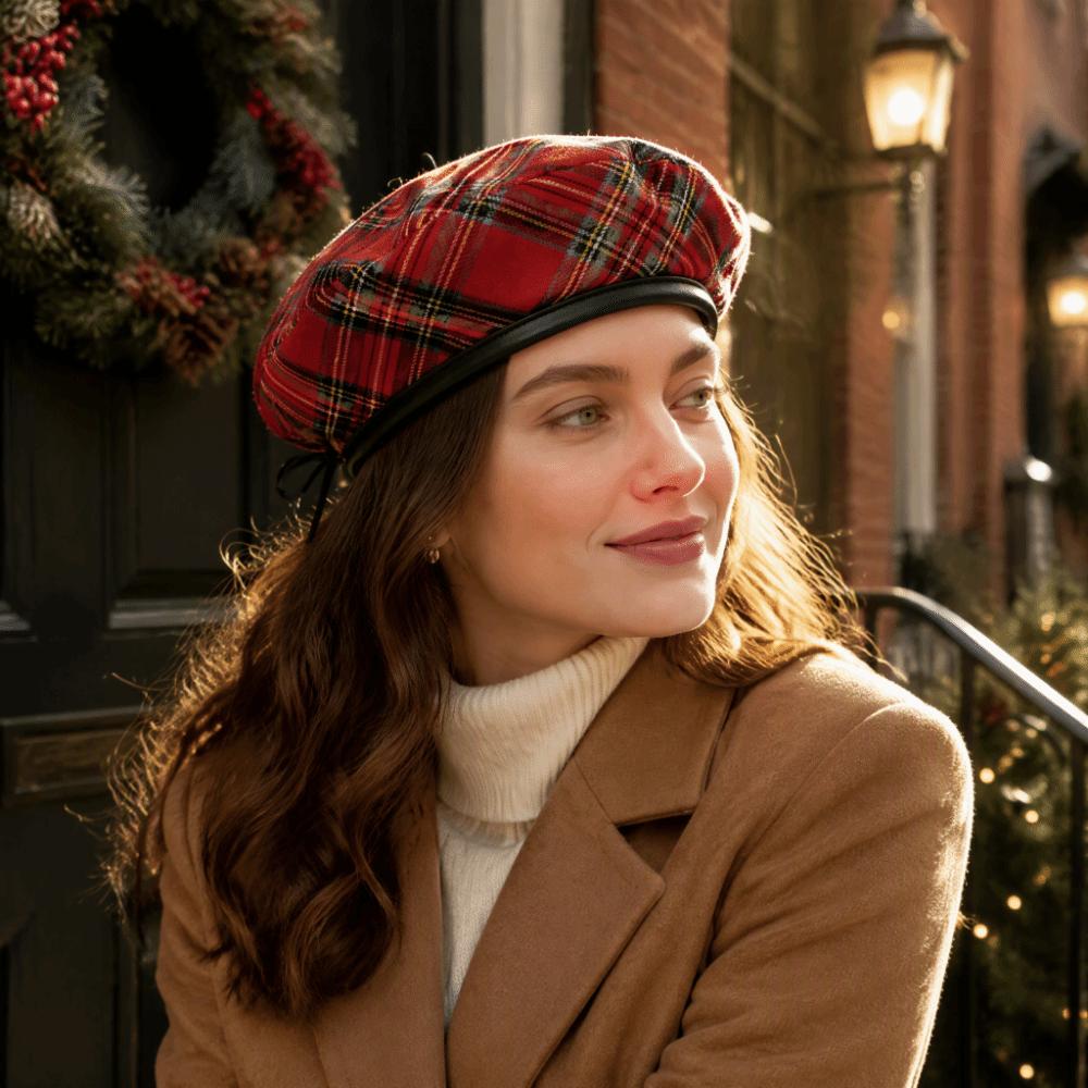 British Style Tartan Plaid Beret Drawstring Newsboy Cap Casual Flat Cap Travel