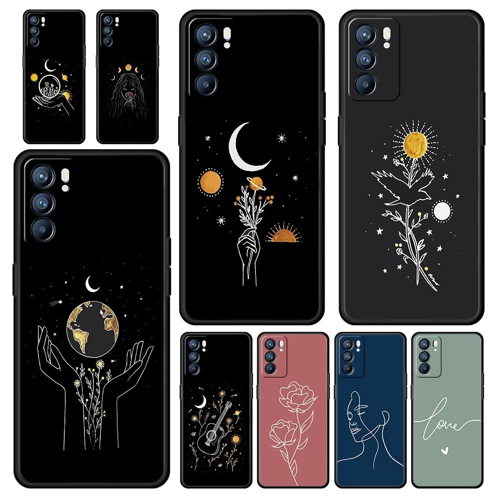 Case For Oppo Find X6 Pro X5 A54 A53 A52 A9 A15 A95 A17 A74 A57 A31 Reno8 Reno7 Reno6 Pro 5G Cover Simplicity Line Art Sun Moon