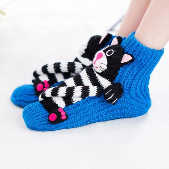 1 Pair Winter Socks 3D Cartoon Animal Socks Knitted Anti-slip Mid-tube Thickened Elastic Keep Warm Floor Socks with Silicone Dot Soles