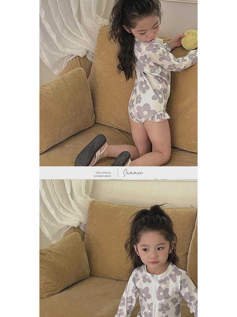 Stylish Floral Long-Sleeve Girls' Swimsuit with Sun Protection for Beach or Hot Spring Vacations