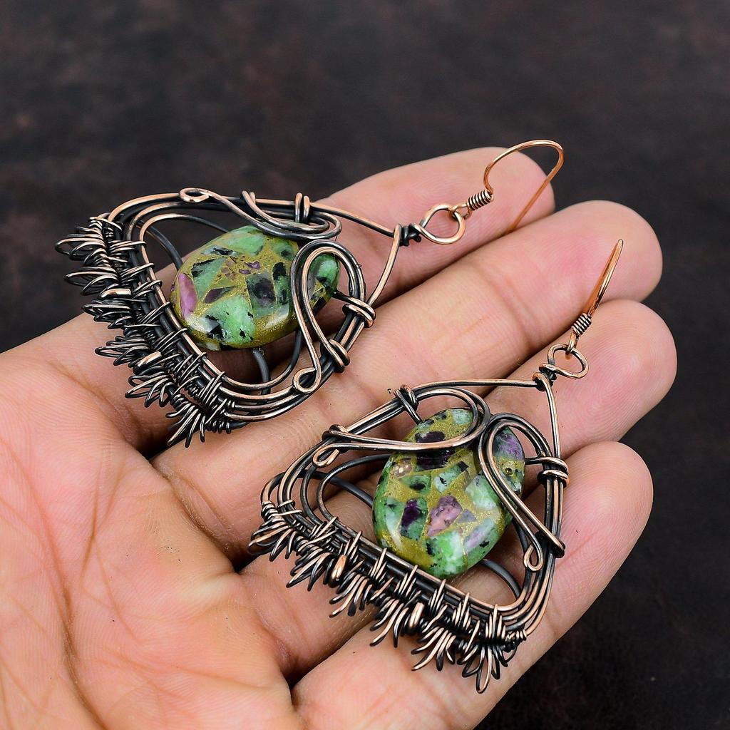 Медные рубиновые серьги с цоизитом, серьги из медной проволоки, элегантные серьги, драгоценный камень, медные ювелирные изделия, новые серьги ручной работы, подарок на годовщину