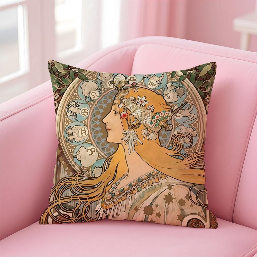 artistic AAlphonse Maria Mucha Cushion Cover Pillow Case Soft Skin Friendly Fabric Comfort Concealed Zipper