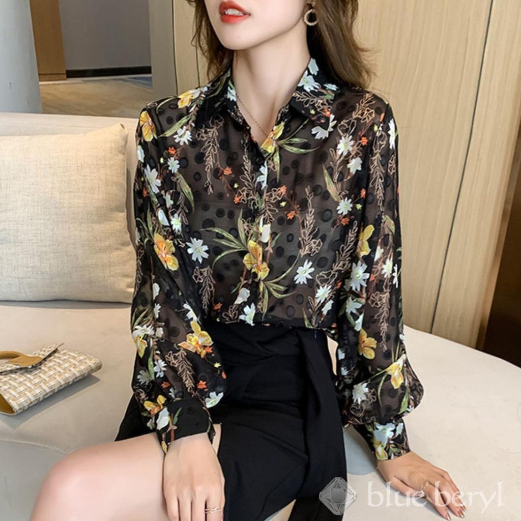 Блузка из шифона цвета «голубой берилл» с цветочным принтом и принтом «горошек», с длинными рукавами-буфами стандартного свободного кроя, прозрачная, цветная, посадка, BB068-BK-XL